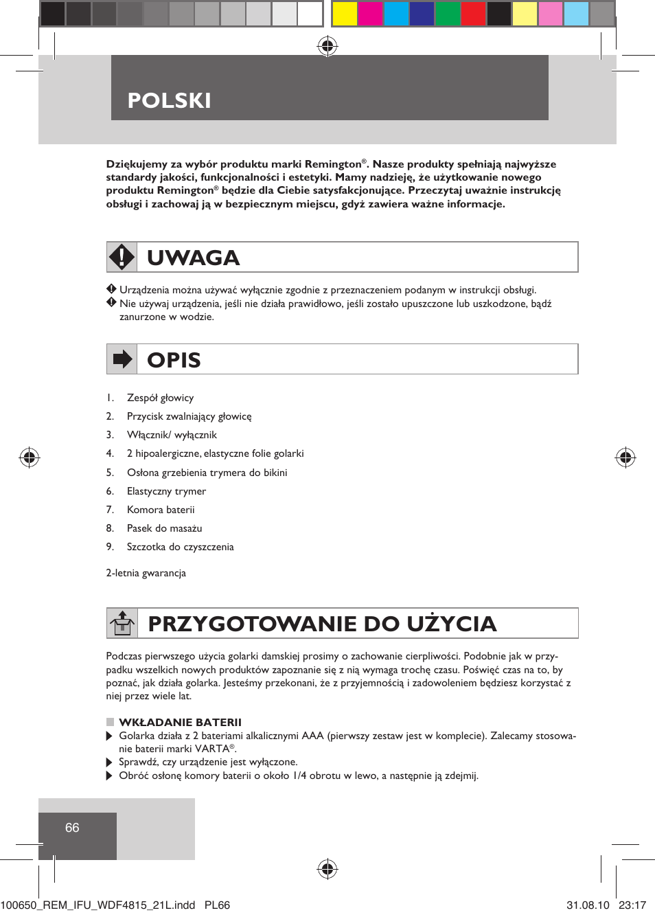 Polski, Uwaga, Opis | Przygotowanie do użycia | Remington WDF4815C User Manual | Page 69 / 111