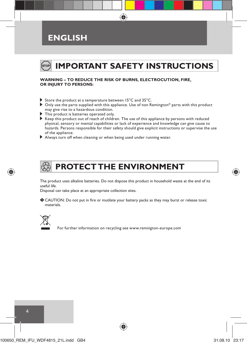 English, Important safety instructions, Protect the environment | Remington WDF4815C User Manual | Page 7 / 111