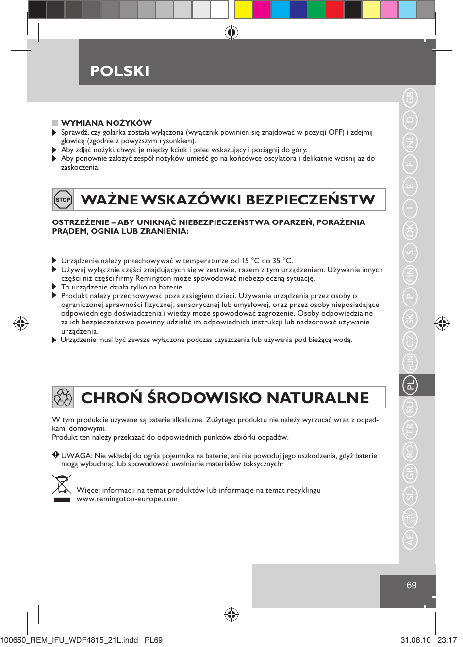 Polski, Chroń środowisko naturalne, Ważne wskazówki bezpieczeństw | Remington WDF4815C User Manual | Page 72 / 111