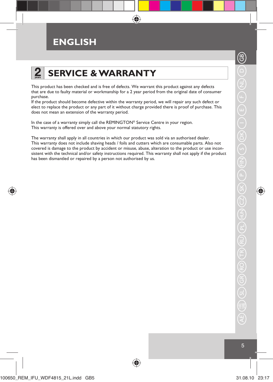 English, Service & warranty | Remington WDF4815C User Manual | Page 8 / 111