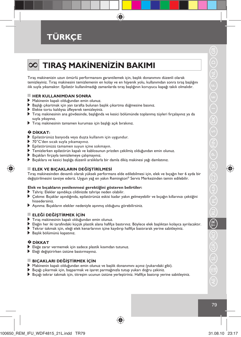 Türkçe tiraş makinenizin bakimi | Remington WDF4815C User Manual | Page 82 / 111