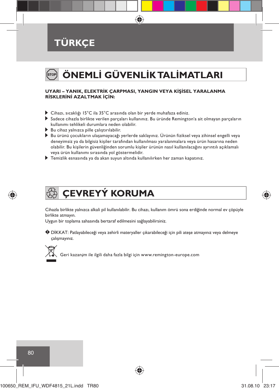 Türkçe önemli güvenlik talimatlari, Çevreyý koruma | Remington WDF4815C User Manual | Page 83 / 111