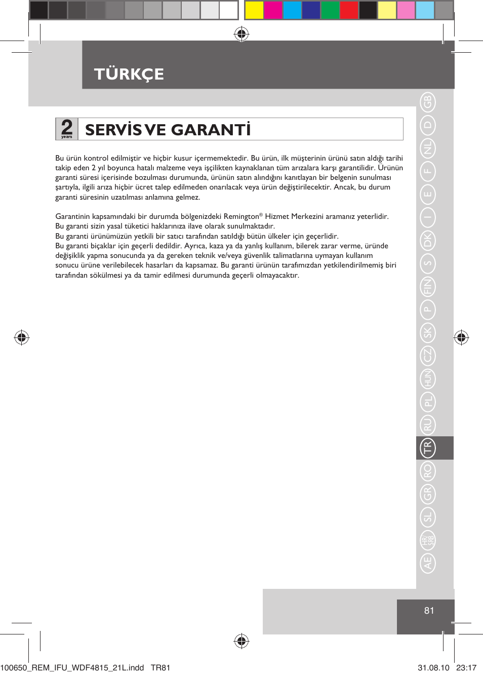 Türkçe servis ve garanti | Remington WDF4815C User Manual | Page 84 / 111