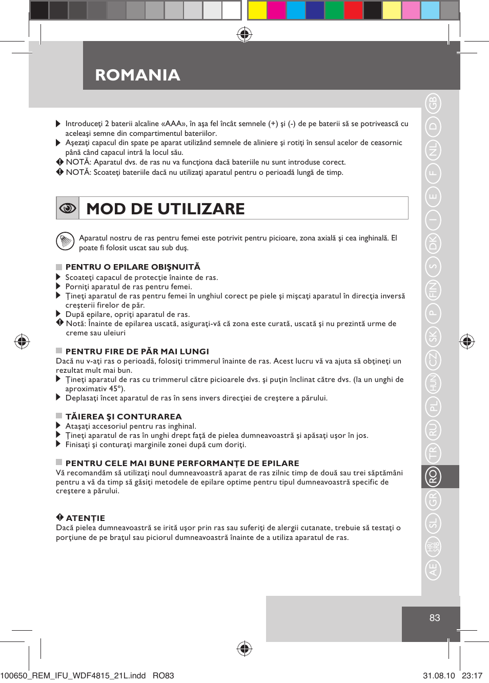 Romania, Mod de utilizare | Remington WDF4815C User Manual | Page 86 / 111