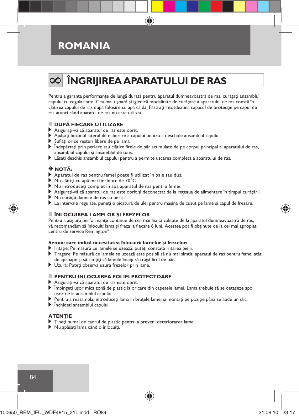 Romania, Îngrijirea aparatului de ras | Remington WDF4815C User Manual | Page 87 / 111