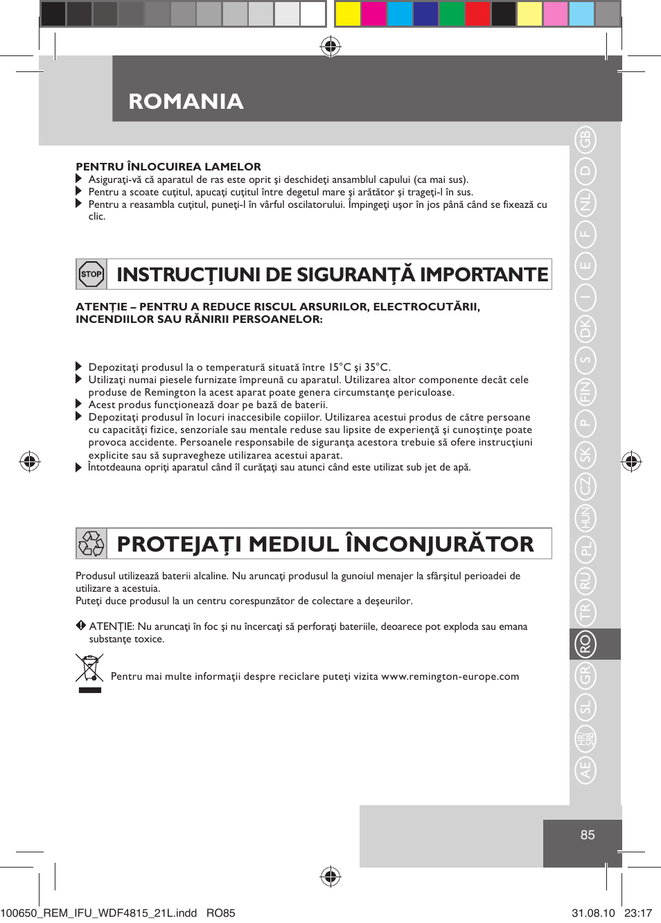 Romania, Protejaţi mediul înconjurător, Instrucţiuni de siguranţă importante | Remington WDF4815C User Manual | Page 88 / 111