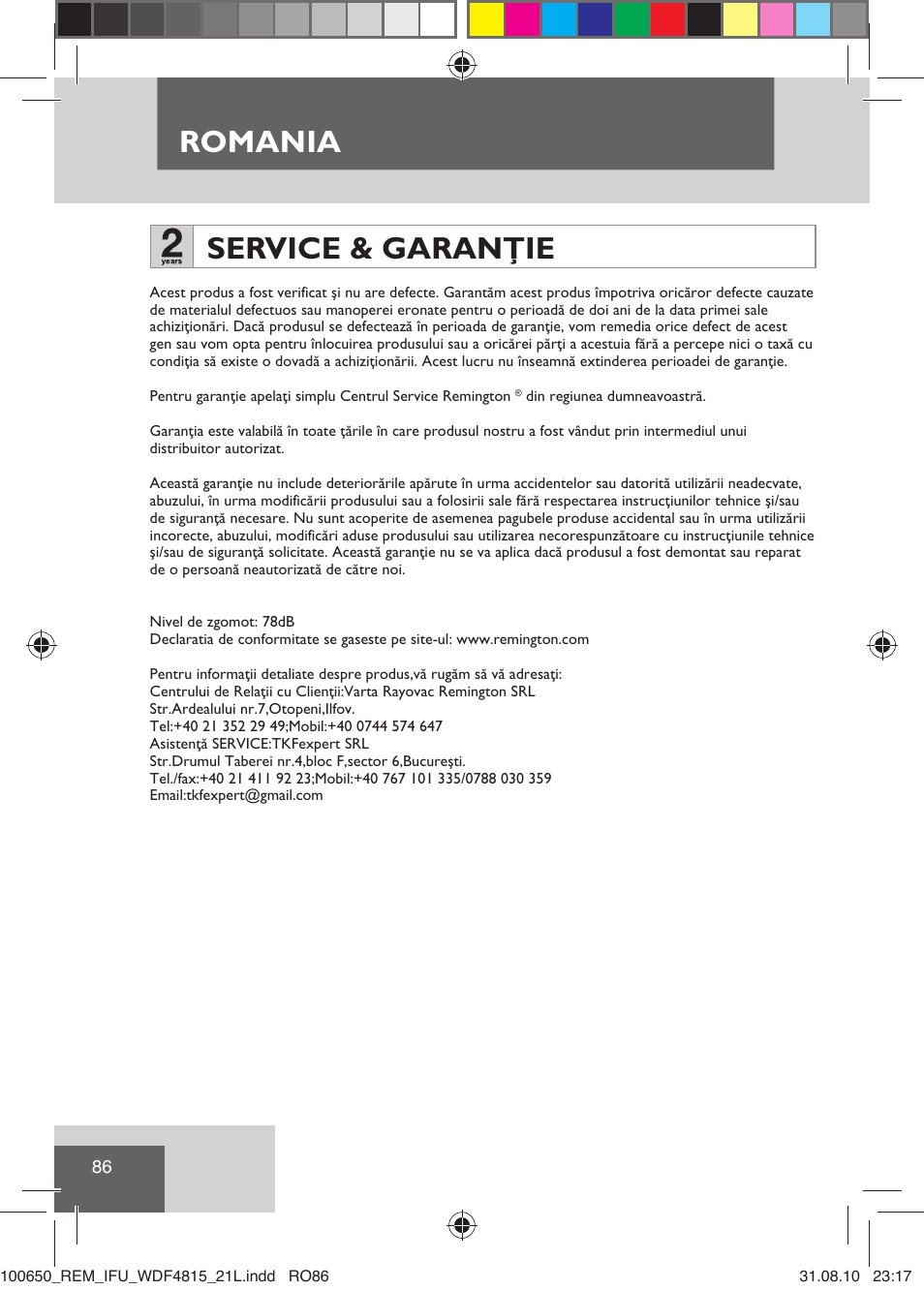 Romania, Service & garanţie | Remington WDF4815C User Manual | Page 89 / 111