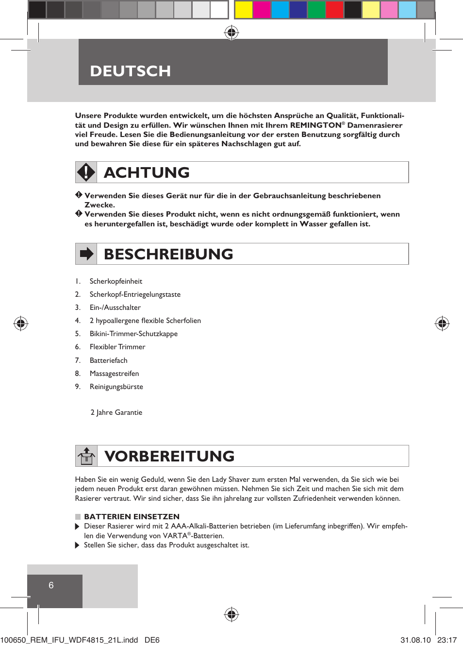 Deutsch, Achtung, Beschreibung | Vorbereitung | Remington WDF4815C User Manual | Page 9 / 111