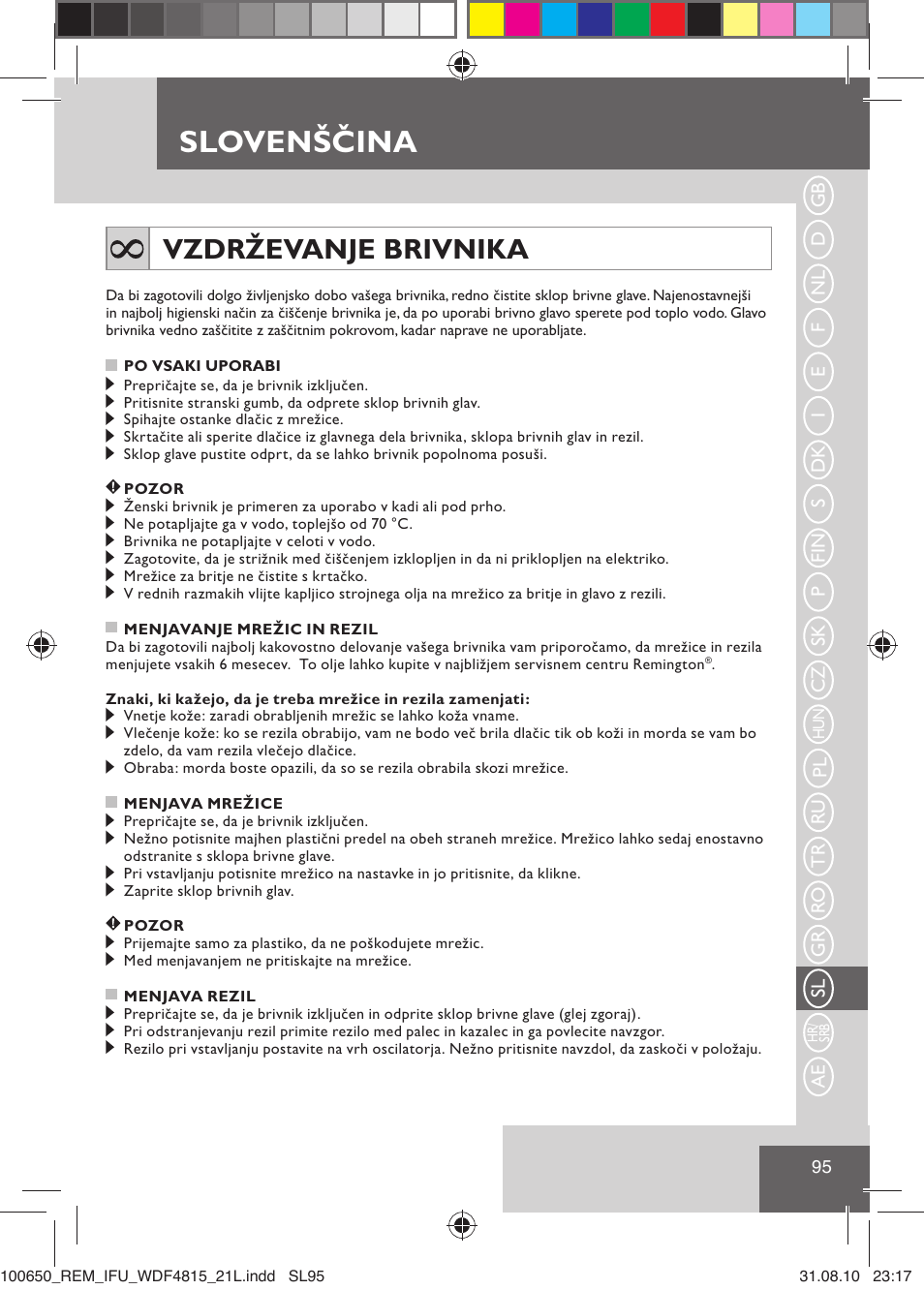 Slovenščina, Vzdrževanje brivnika | Remington WDF4815C User Manual | Page 98 / 111