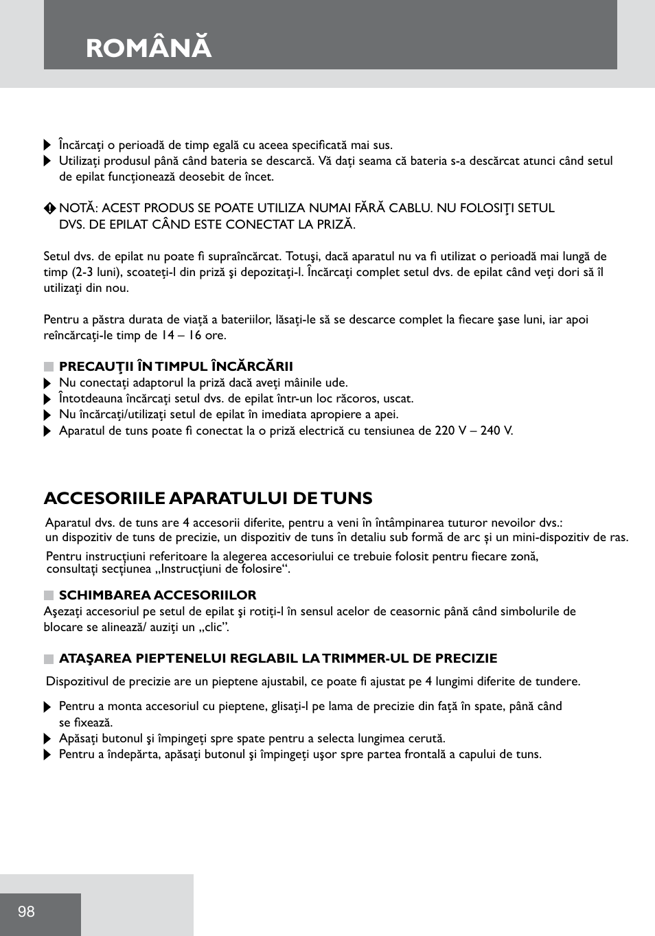 Română, Accesoriile aparatului de tuns | Remington WPG2000 User Manual | Page 100 / 128