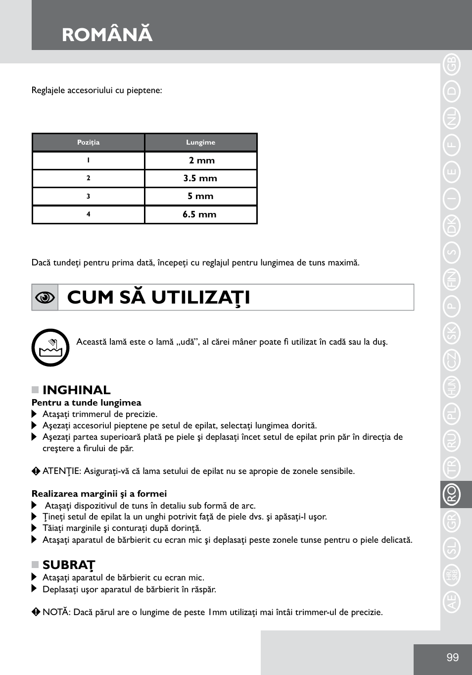 Română, Cum să utilizaţi, Inghinal | Subraţ | Remington WPG2000 User Manual | Page 101 / 128