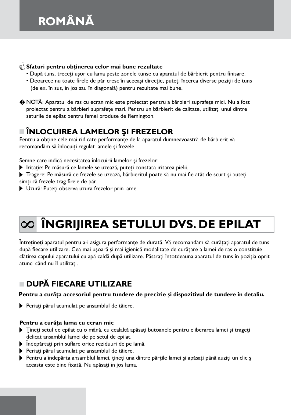 Română, Îngrijirea setului dvs. de epilat, După fiecare utilizare | Înlocuirea lamelor şi frezelor | Remington WPG2000 User Manual | Page 102 / 128