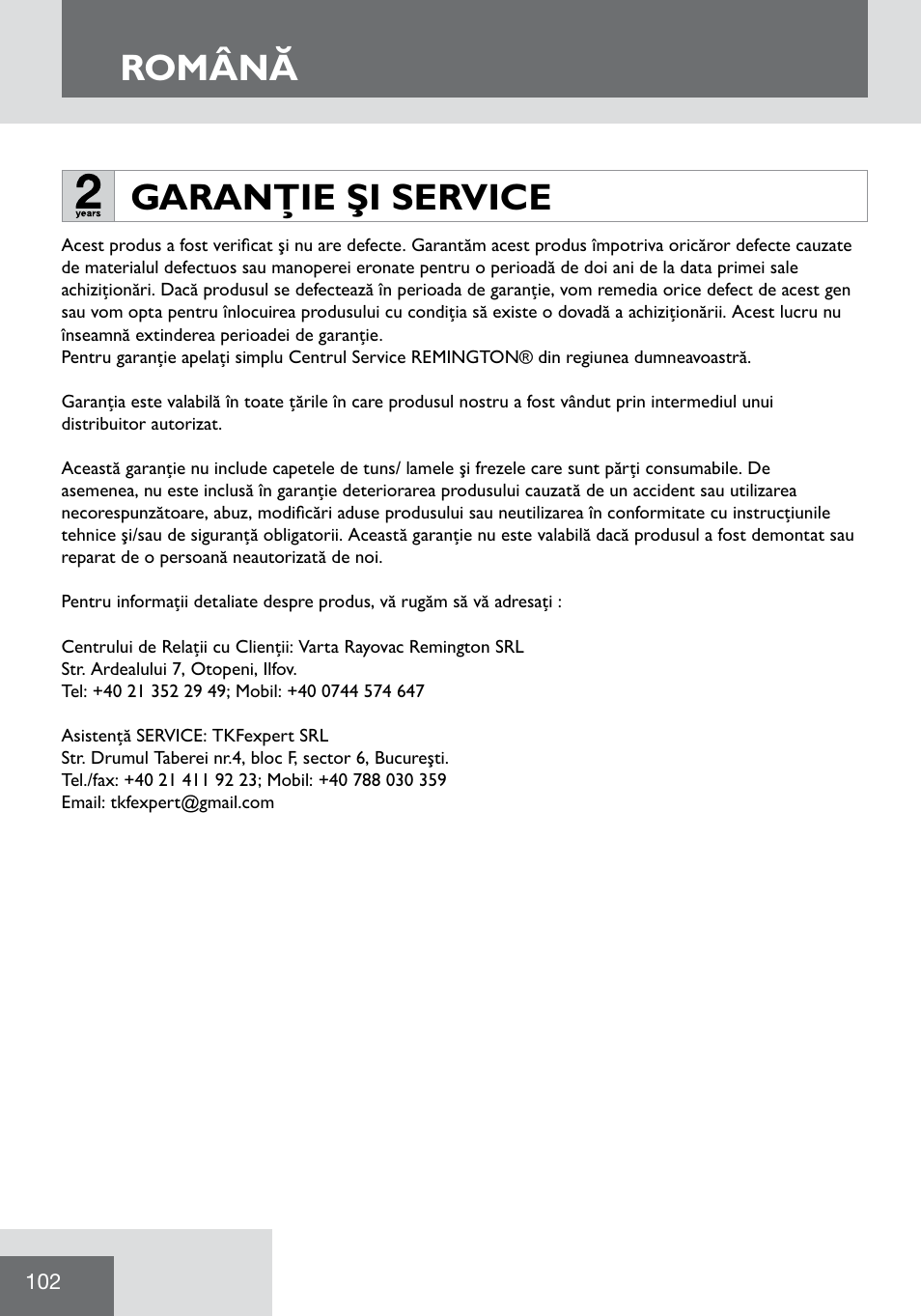 Română, Garanţie şi service | Remington WPG2000 User Manual | Page 104 / 128