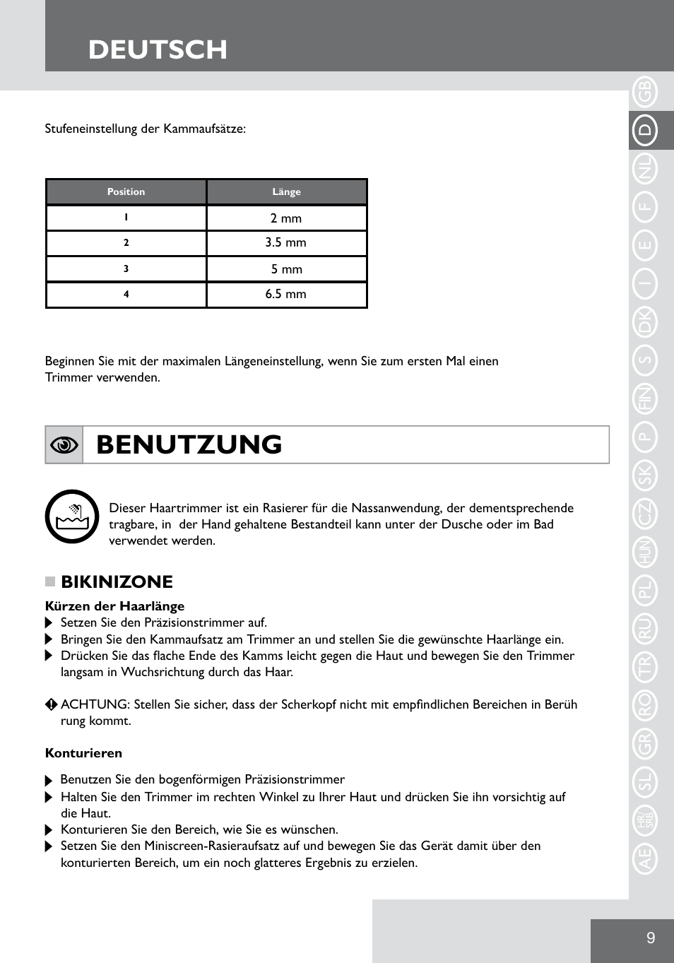 Deutsch, Benutzung, Bikinizone | Remington WPG2000 User Manual | Page 11 / 128