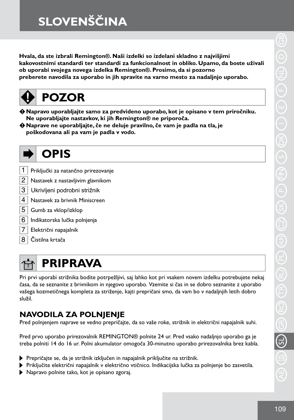 Slovenščina, Pozor, Opis | Priprava | Remington WPG2000 User Manual | Page 111 / 128