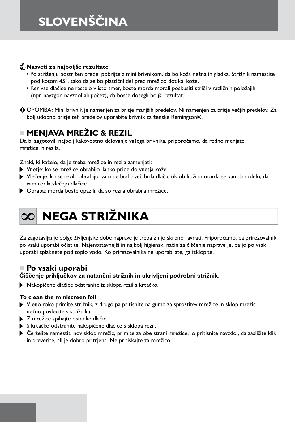 Slovenščina, Nega strižnika | Remington WPG2000 User Manual | Page 114 / 128