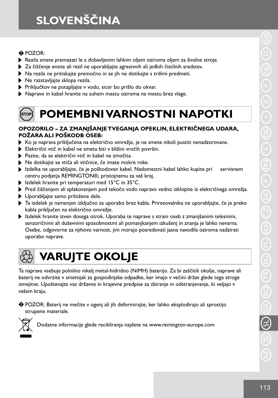 Slovenščina, Pomembni varnostni napotki varujte okolje | Remington WPG2000 User Manual | Page 115 / 128