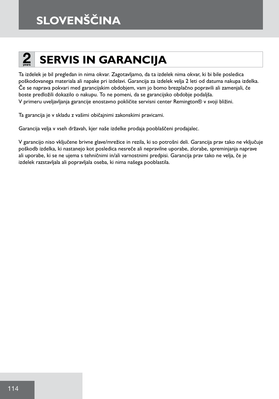 Slovenščina, Servis in garancija | Remington WPG2000 User Manual | Page 116 / 128