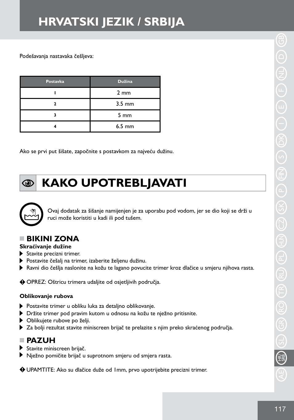 Hrvatski jezik / srbija, Kako upotrebljavati, Bikini zona | Pazuh | Remington WPG2000 User Manual | Page 119 / 128