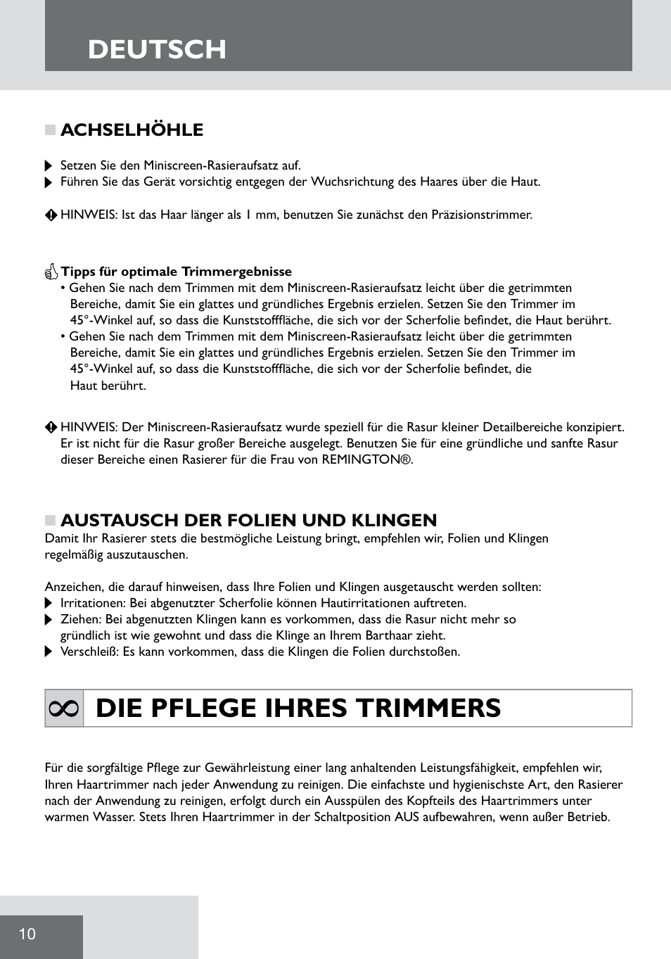 Deutsch, Die pflege ihres trimmers | Remington WPG2000 User Manual | Page 12 / 128