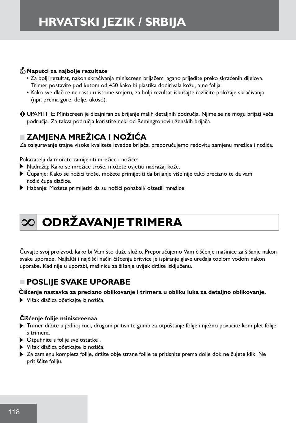 Hrvatski jezik / srbija, Održavanje trimera | Remington WPG2000 User Manual | Page 120 / 128