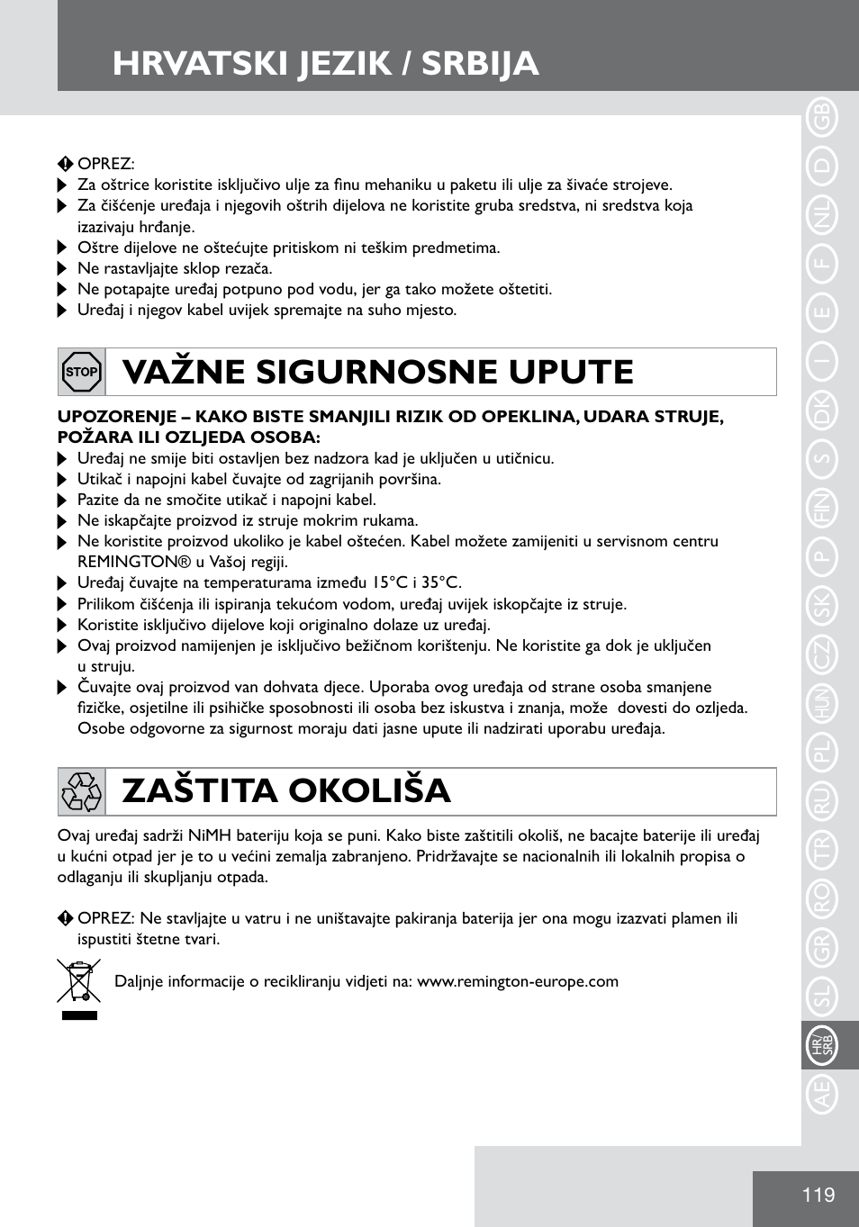 Hrvatski jezik / srbija, Važne sigurnosne upute zaštita okoliša | Remington WPG2000 User Manual | Page 121 / 128