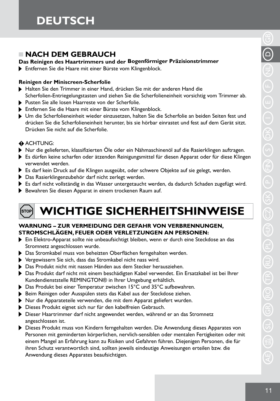 Deutsch, Wichtige sicherheitshinweise | Remington WPG2000 User Manual | Page 13 / 128