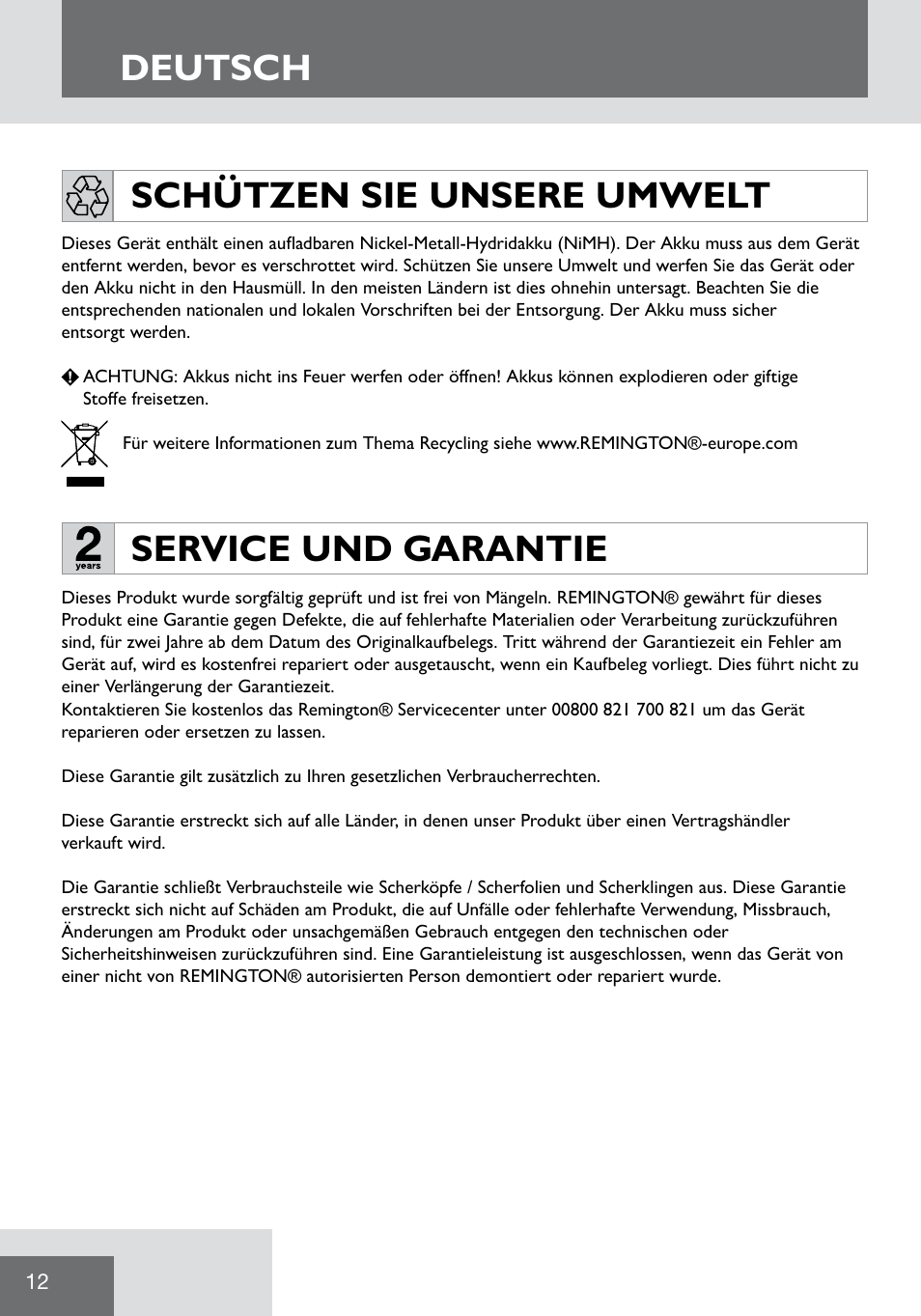 Deutsch, Service und garantie, Schützen sie unsere umwelt | Remington WPG2000 User Manual | Page 14 / 128