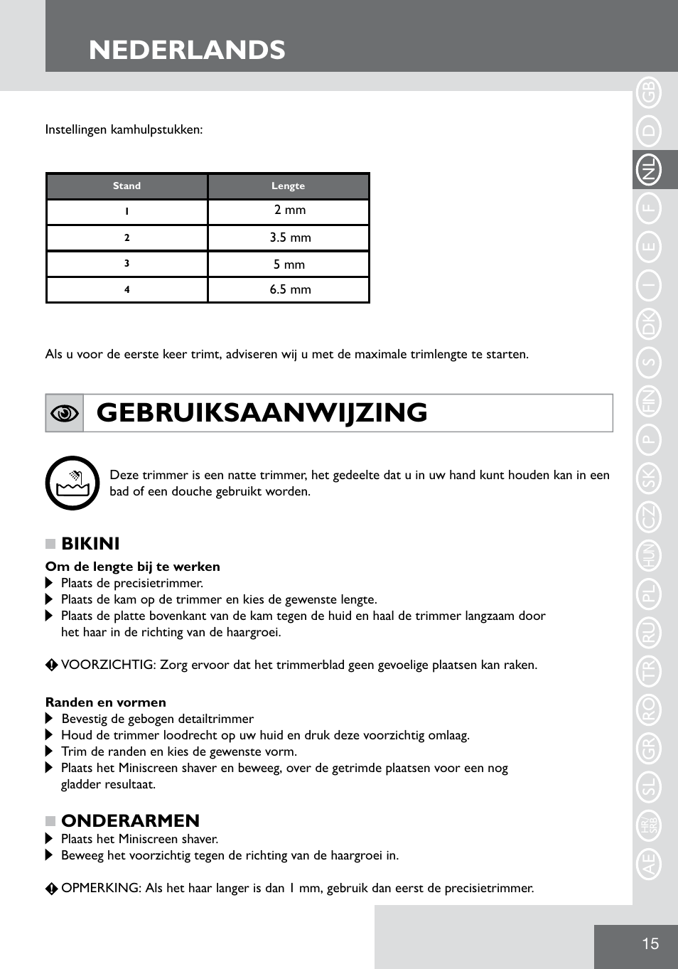 Nederlands, Gebruiksaanwijzing, Bikini | Onderarmen | Remington WPG2000 User Manual | Page 17 / 128