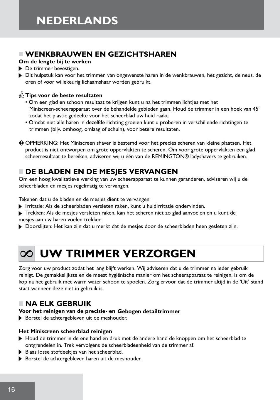 Nederlands, Uw trimmer verzorgen | Remington WPG2000 User Manual | Page 18 / 128