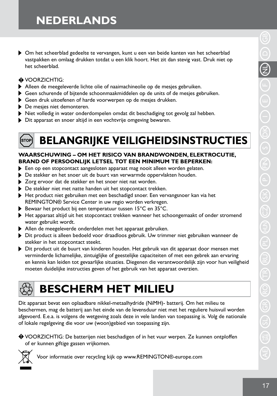 Nederlands, Belangrijke veiligheidsinstructies, Bescherm het milieu | Remington WPG2000 User Manual | Page 19 / 128