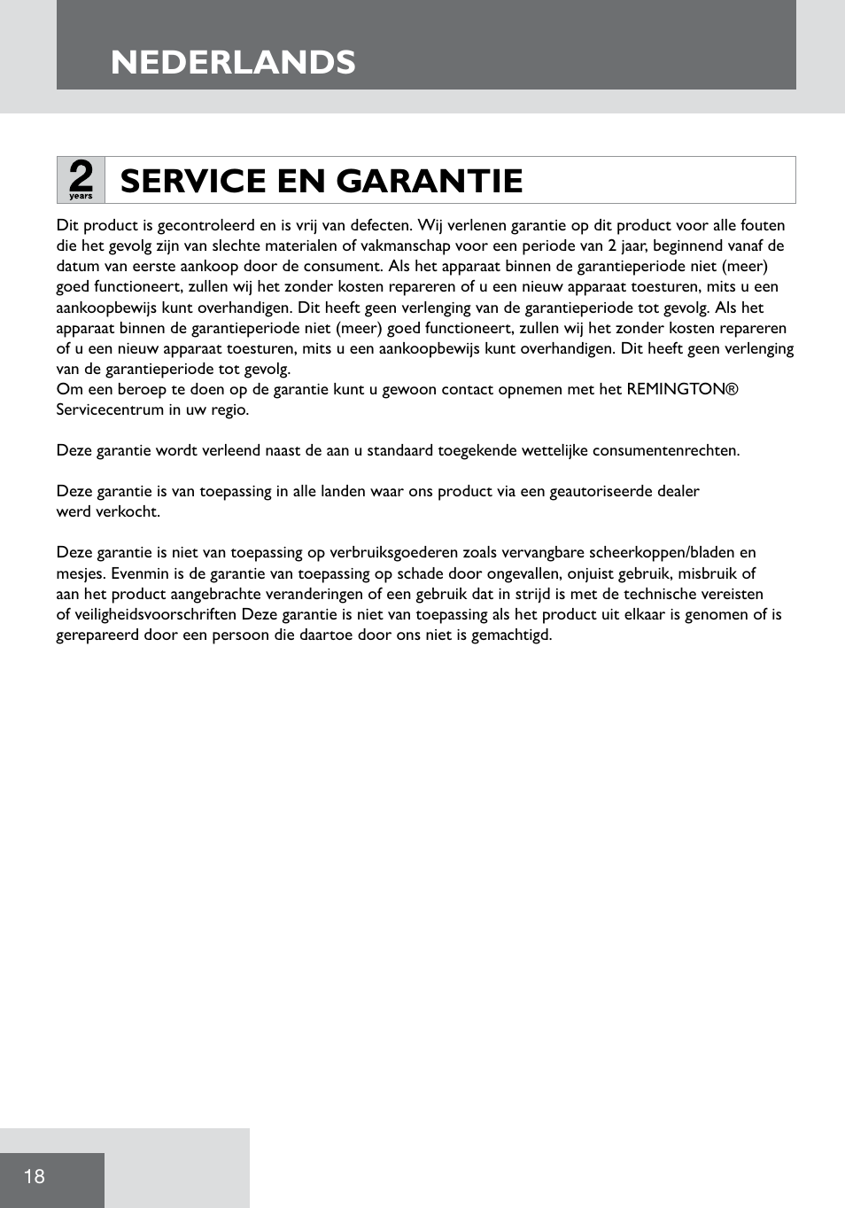 Nederlands, Service en garantie | Remington WPG2000 User Manual | Page 20 / 128
