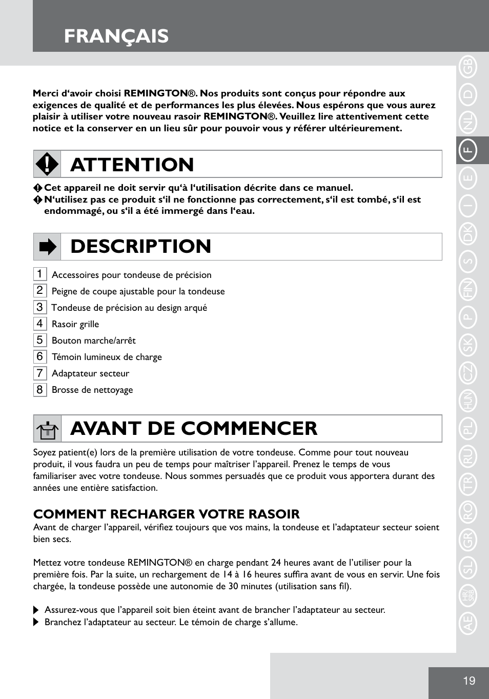 Français, Attention description, Avant de commencer | Remington WPG2000 User Manual | Page 21 / 128