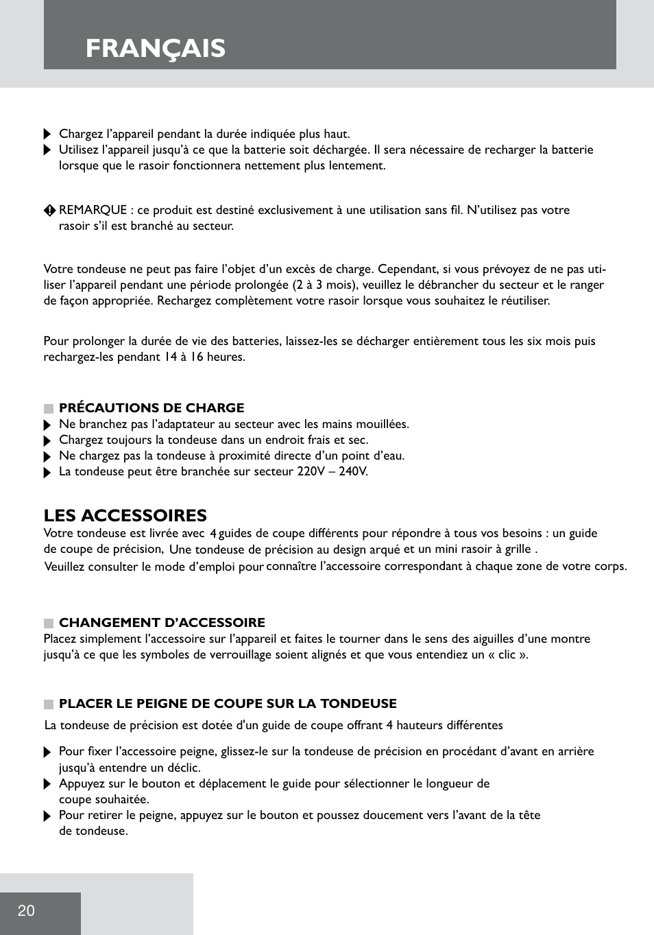 Français, Les a, Les accessoires | Remington WPG2000 User Manual | Page 22 / 128