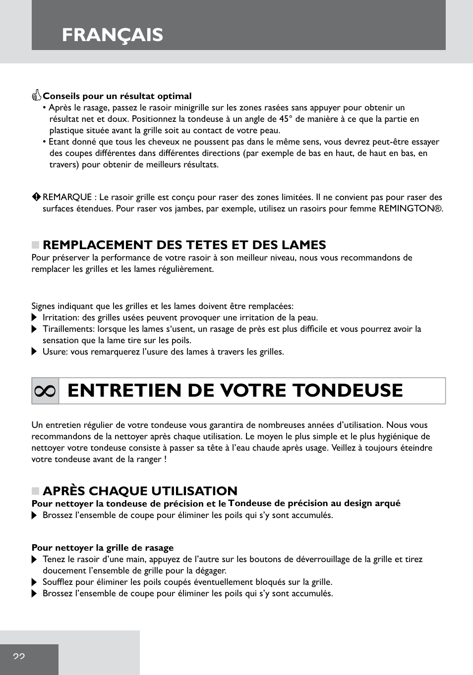 Français, Entretien de votre tondeuse | Remington WPG2000 User Manual | Page 24 / 128