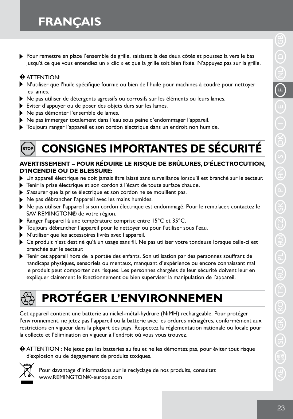 Français | Remington WPG2000 User Manual | Page 25 / 128