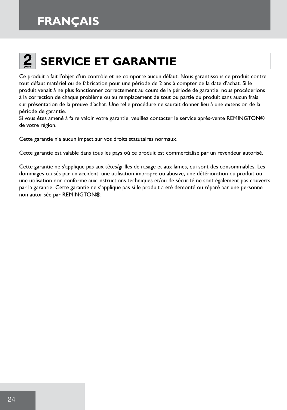 Français, Service et garantie | Remington WPG2000 User Manual | Page 26 / 128