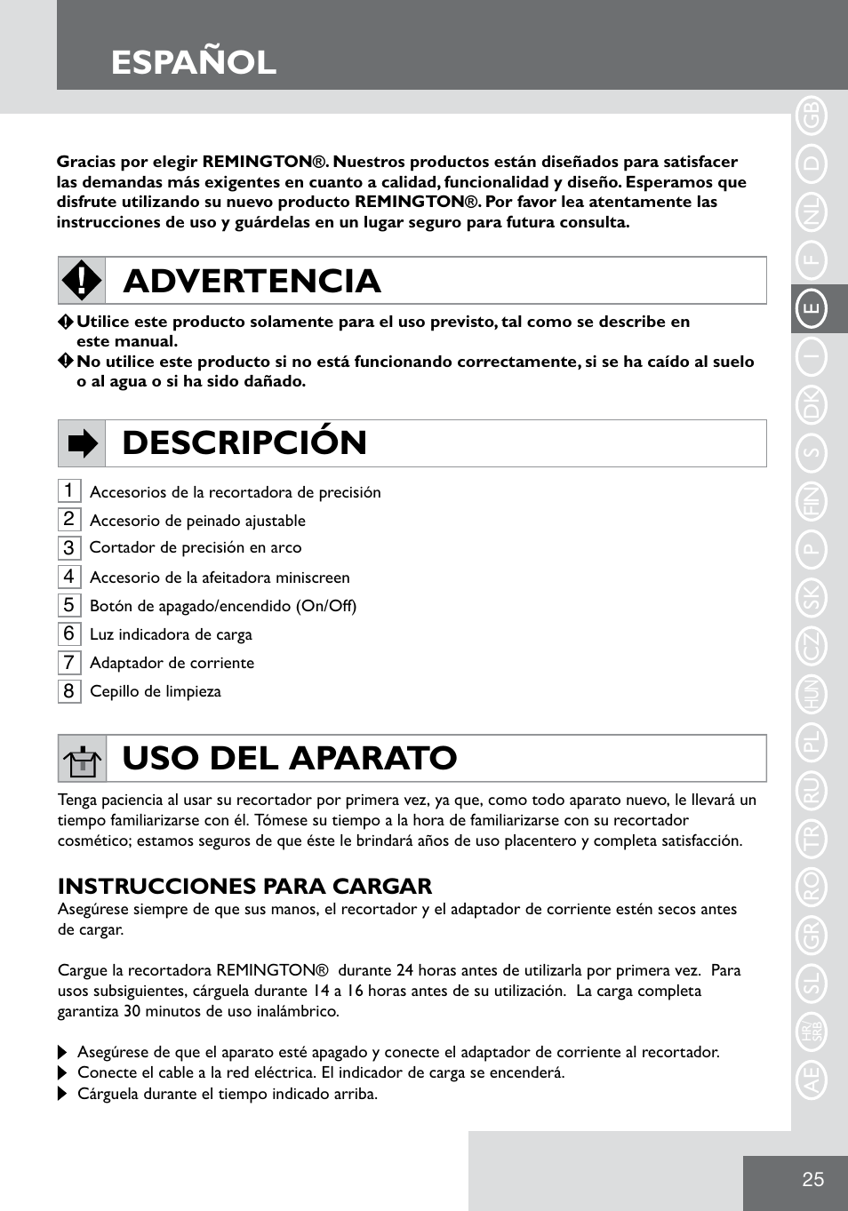 Español, Advertencia, Descripción | Uso del aparato | Remington WPG2000 User Manual | Page 27 / 128