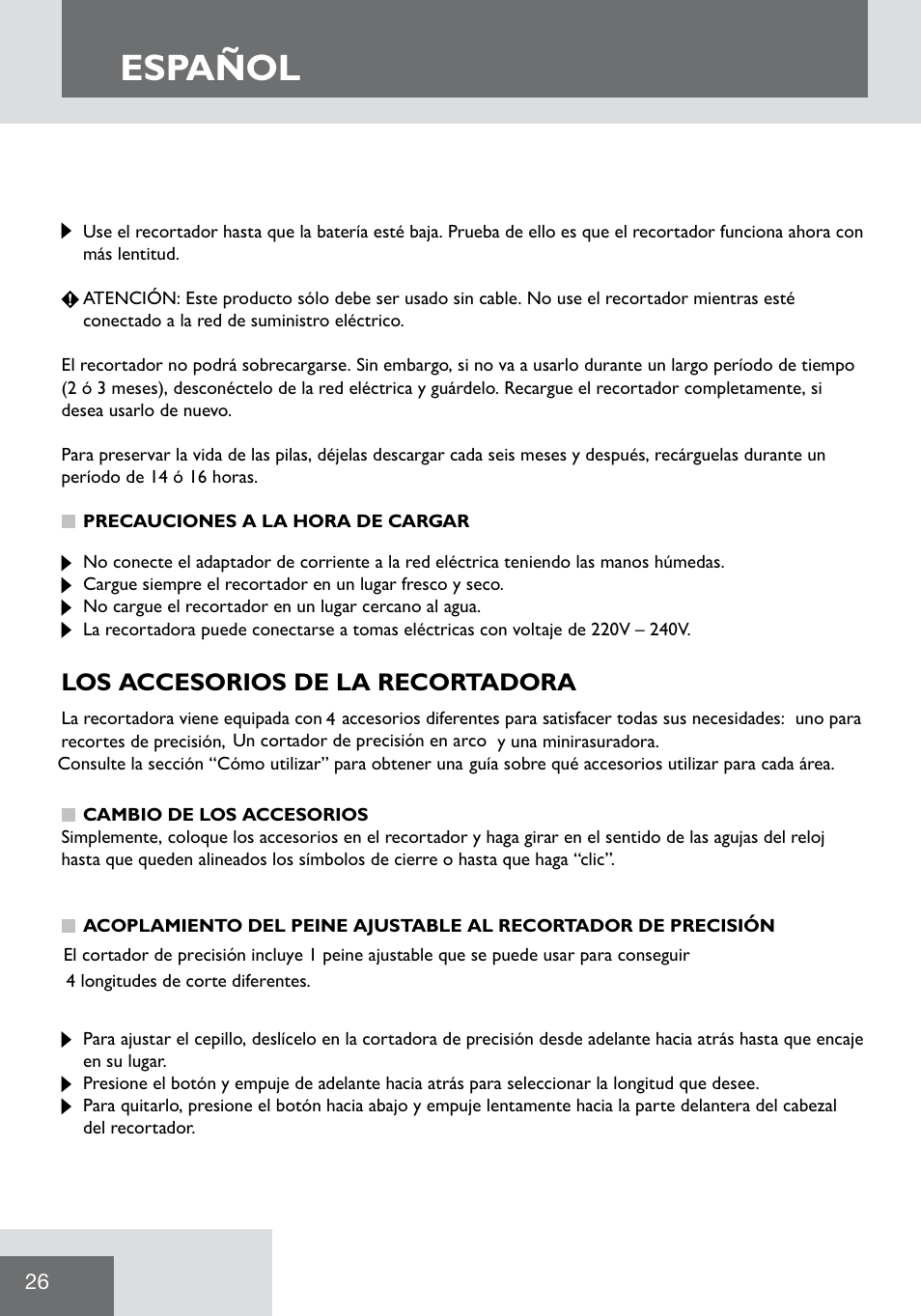 Español, Los accesorios de la recortadora | Remington WPG2000 User Manual | Page 28 / 128