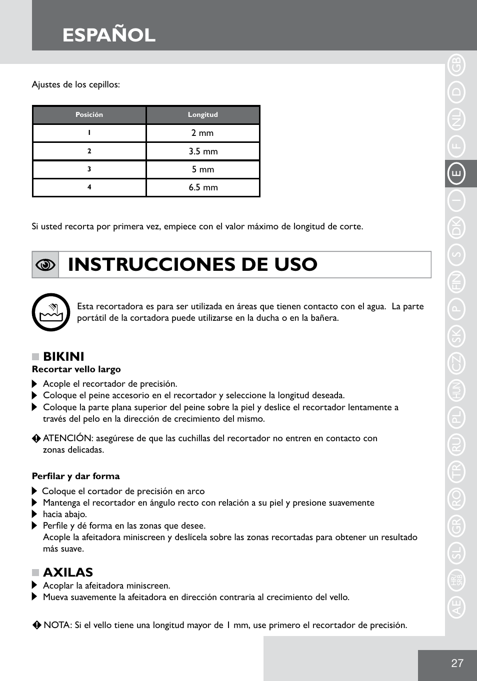 Español, Instrucciones de uso, Bikini | Axilas | Remington WPG2000 User Manual | Page 29 / 128