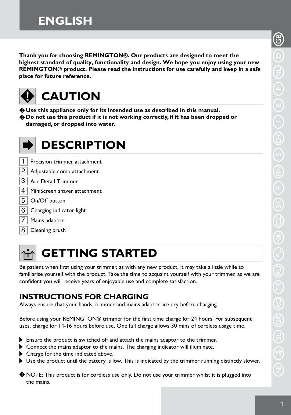 English, English caution description, Getting started | Remington WPG2000 User Manual | Page 3 / 128