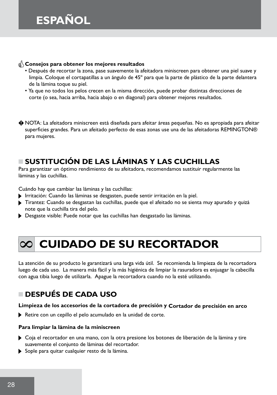 Español, Cuidado de su recortador | Remington WPG2000 User Manual | Page 30 / 128