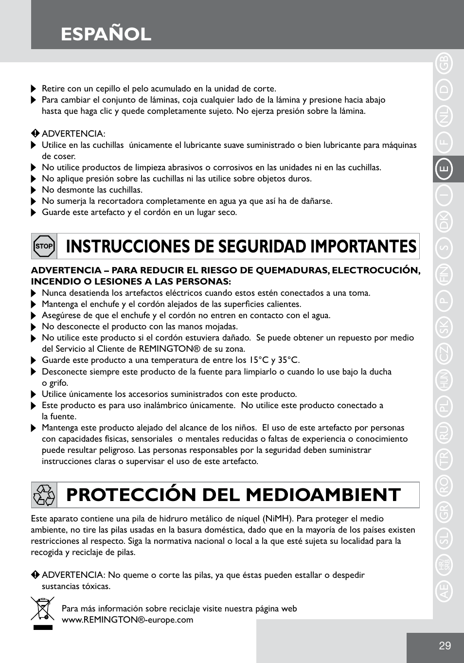 Español, Instrucciones de seguridad importantes, Protección del medioambient | Remington WPG2000 User Manual | Page 31 / 128