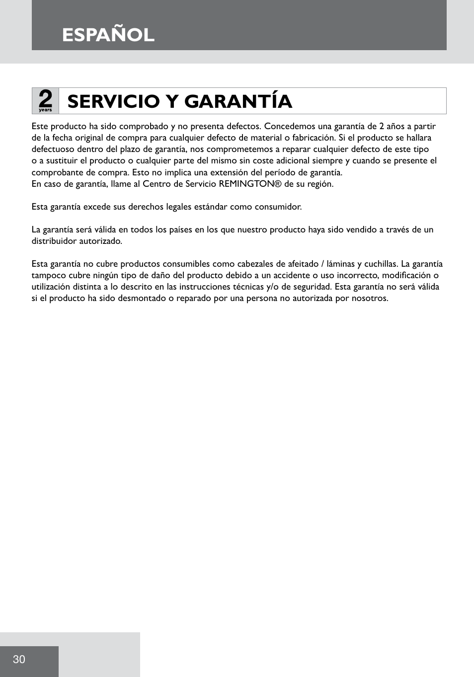 Español, Servicio y garantía | Remington WPG2000 User Manual | Page 32 / 128