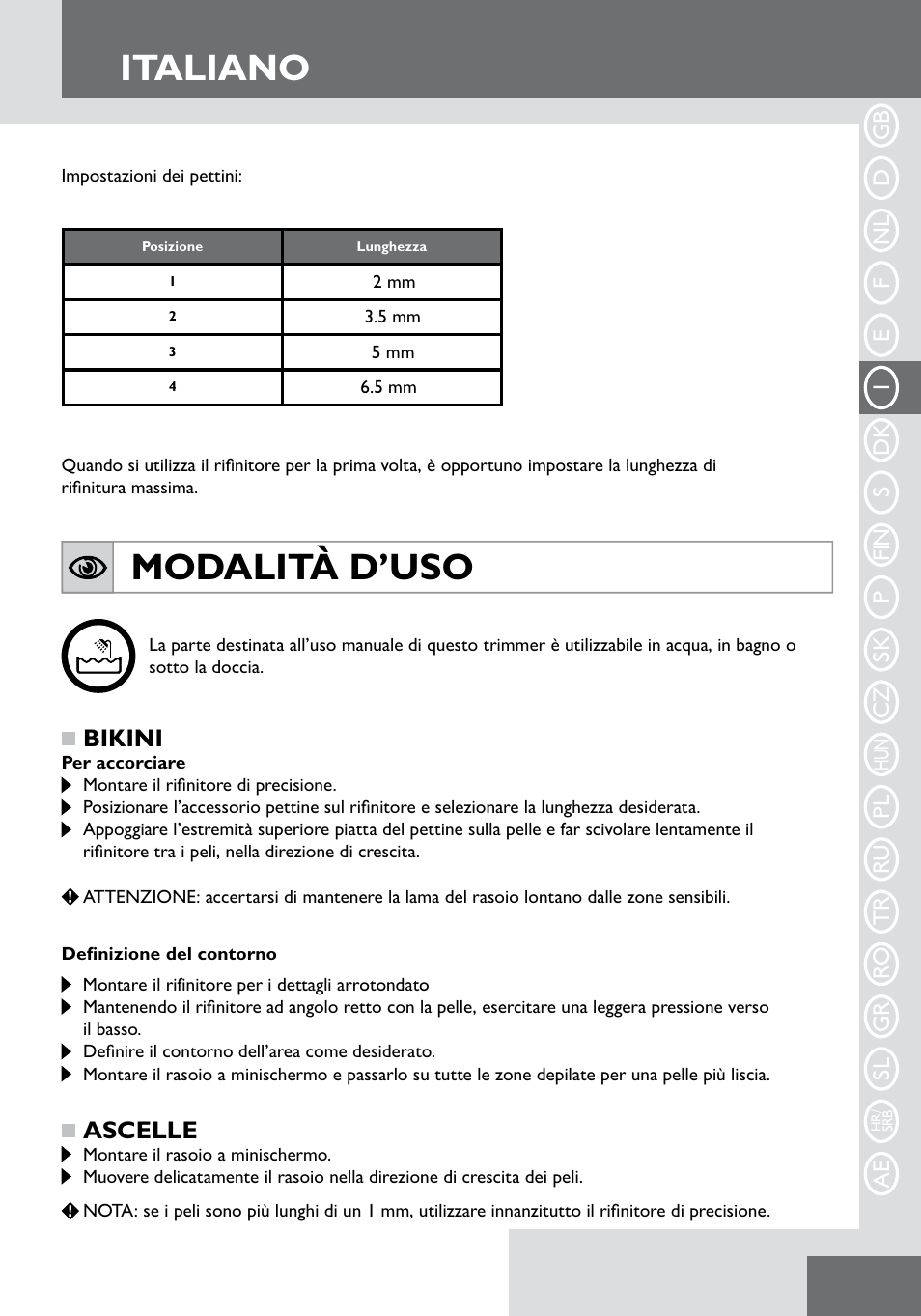 Italiano, Modalità d’uso, Bikini | Ascelle | Remington WPG2000 User Manual | Page 35 / 128