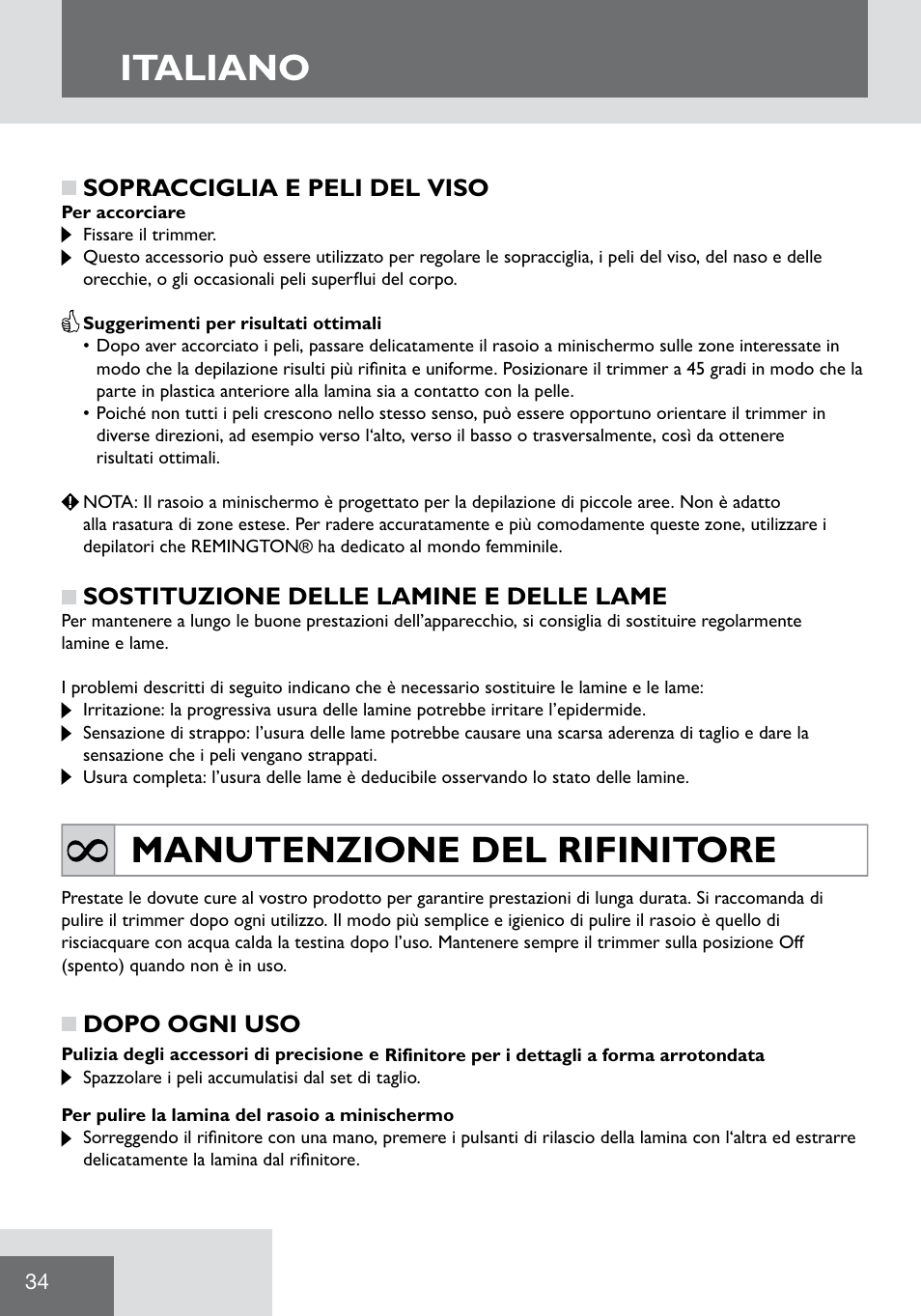 Italiano, Manutenzione del rifinitore | Remington WPG2000 User Manual | Page 36 / 128