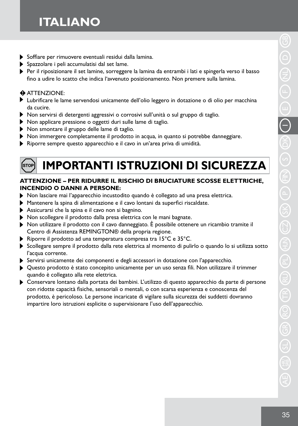 Italiano, Importanti istruzioni di sicurezza | Remington WPG2000 User Manual | Page 37 / 128