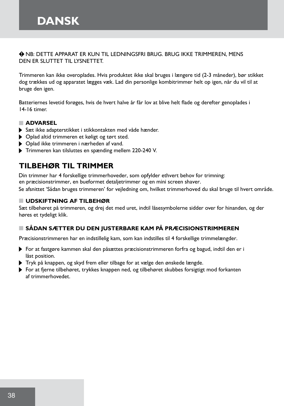 Dansk, Tilbehør til trimmer | Remington WPG2000 User Manual | Page 40 / 128