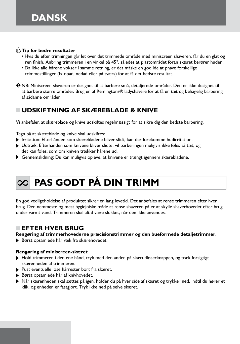 Dansk, Pas godt på din trimm | Remington WPG2000 User Manual | Page 42 / 128