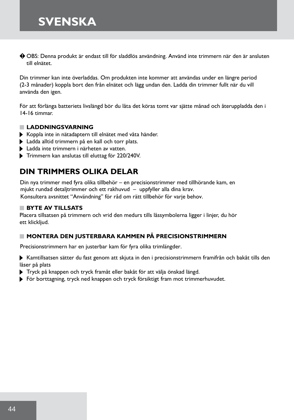 Svenska, Din trimmers olika delar | Remington WPG2000 User Manual | Page 46 / 128